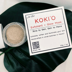 Kokiʻo exfoliant and glow face mask powder.